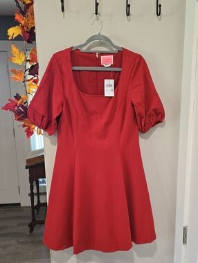 kate spade Red Scoop Neck Puff Sleeve A-Line Dress